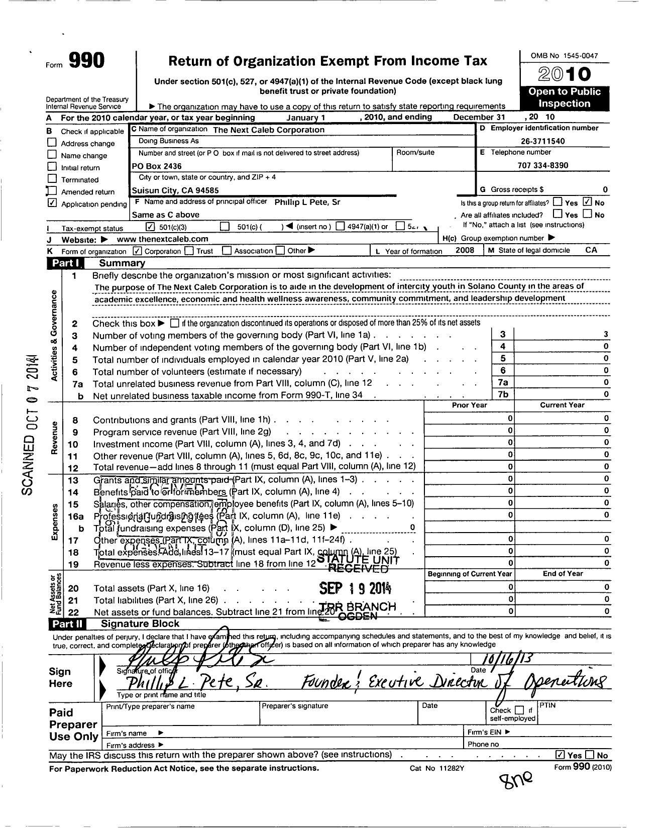 Image of first page of 2010 Form 990 for Next Caleb