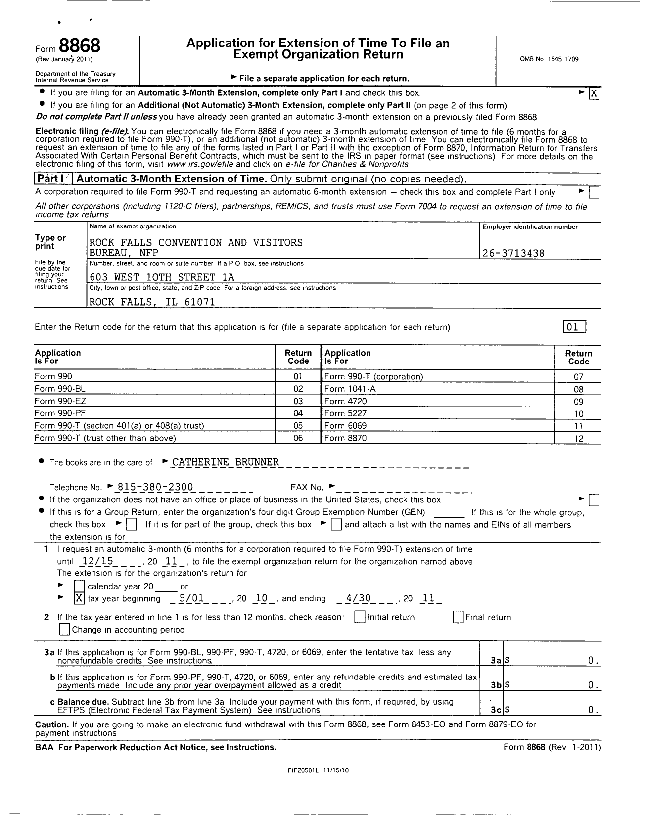 Image of first page of 2010 Form 990O for Rock Falls Convention and Visitors Bureau NFP