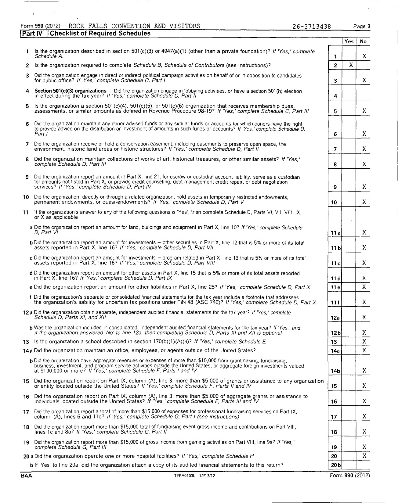 Image of first page of 2012 Form 990O for Rock Falls Convention and Visitors Bureau NFP