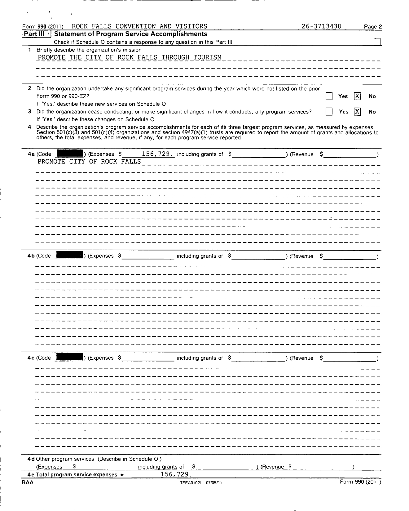 Image of first page of 2011 Form 990O for Rock Falls Convention and Visitors Bureau NFP