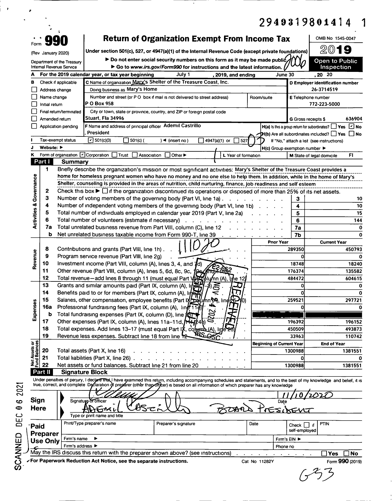 Image of first page of 2019 Form 990 for Mary's Home