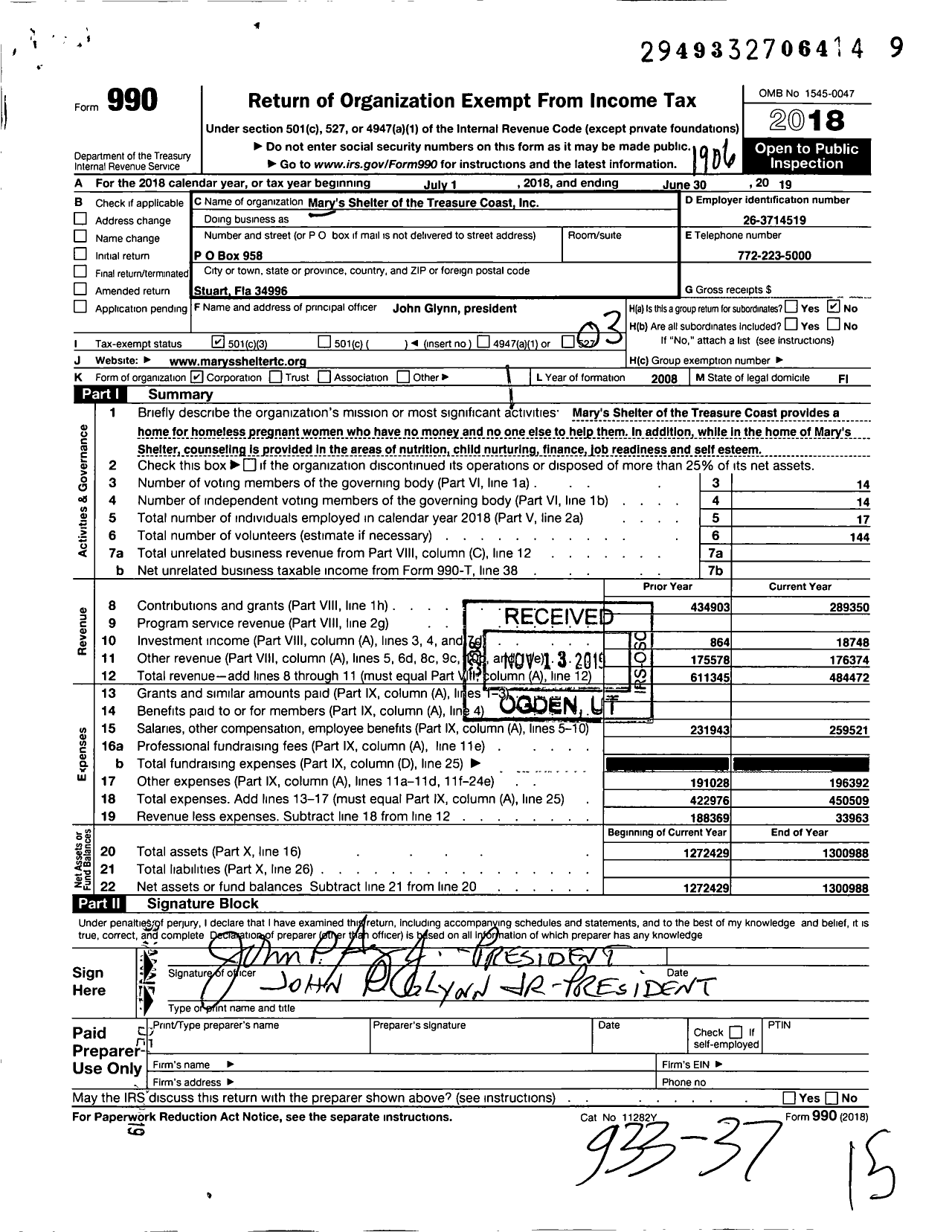 Image of first page of 2018 Form 990 for Mary's Home