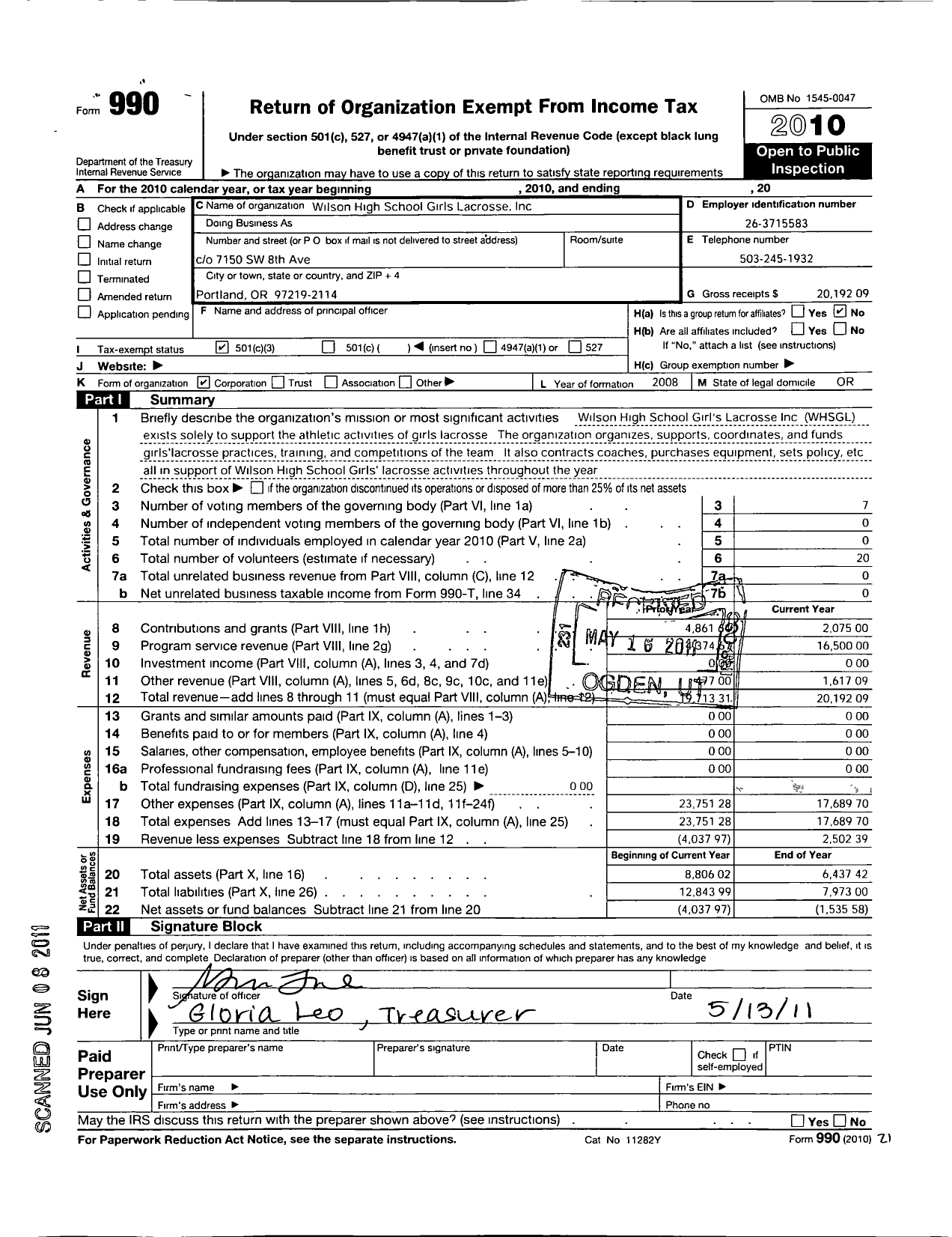 Image of first page of 2010 Form 990 for Wilson High School Girls Lacrosse