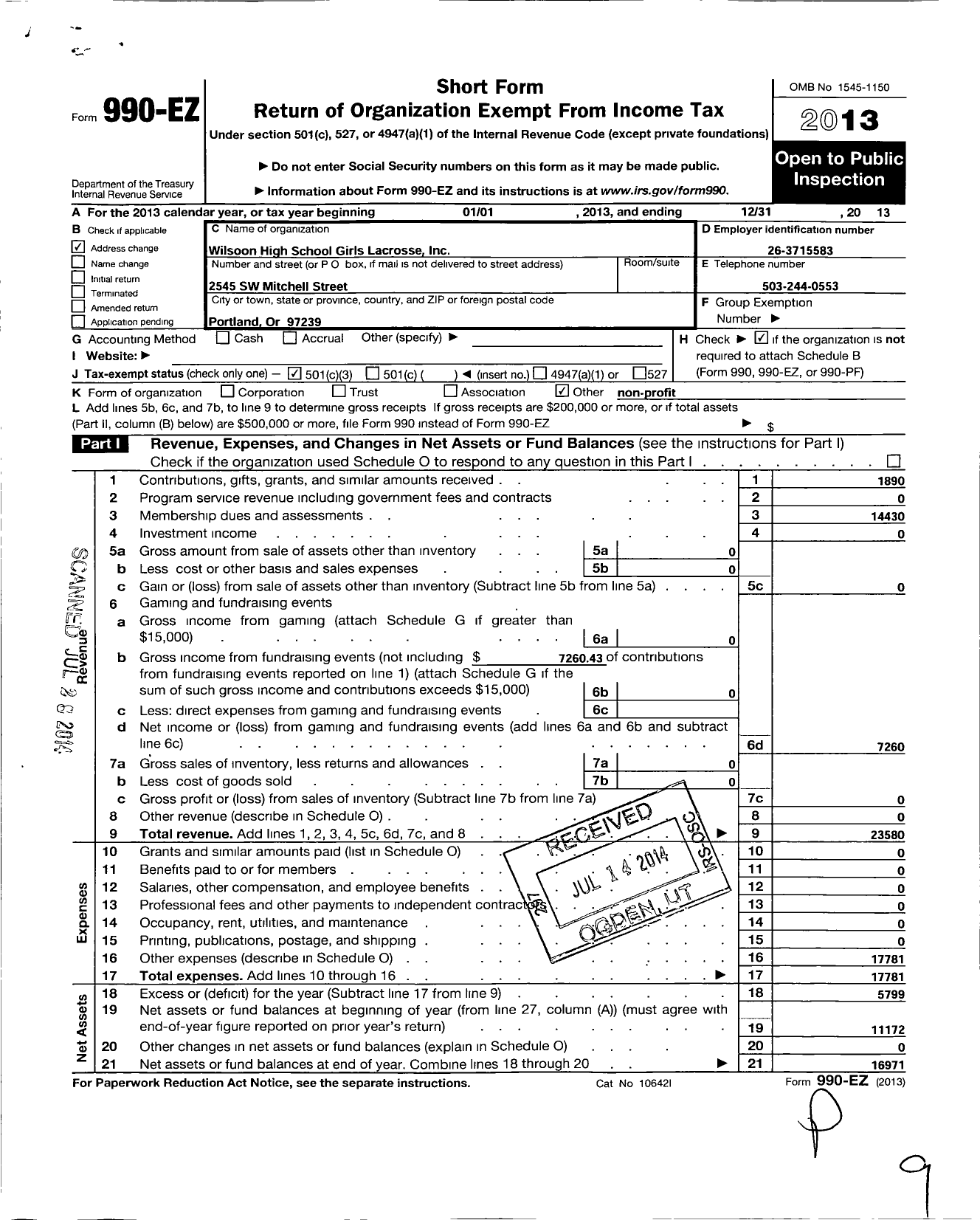 Image of first page of 2013 Form 990EZ for Wilson High School Girls Lacrosse