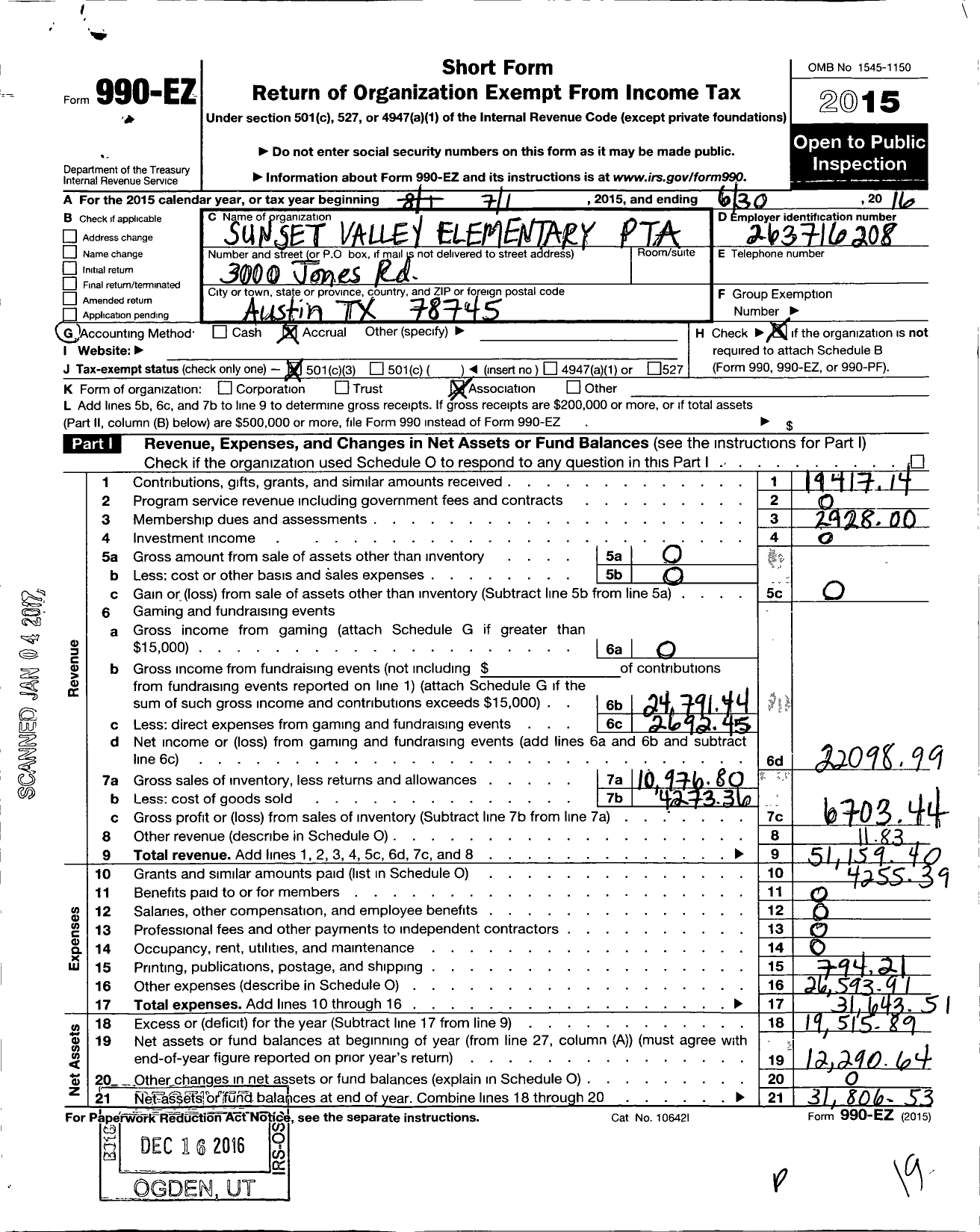 Image of first page of 2015 Form 990EZ for Texas PTA - 860 Sunset Valley Elementary PTA