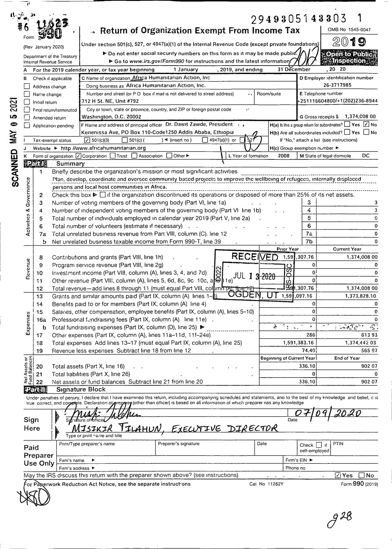 Image of first page of 2020 Form 990 for Africa Humanitarian Action