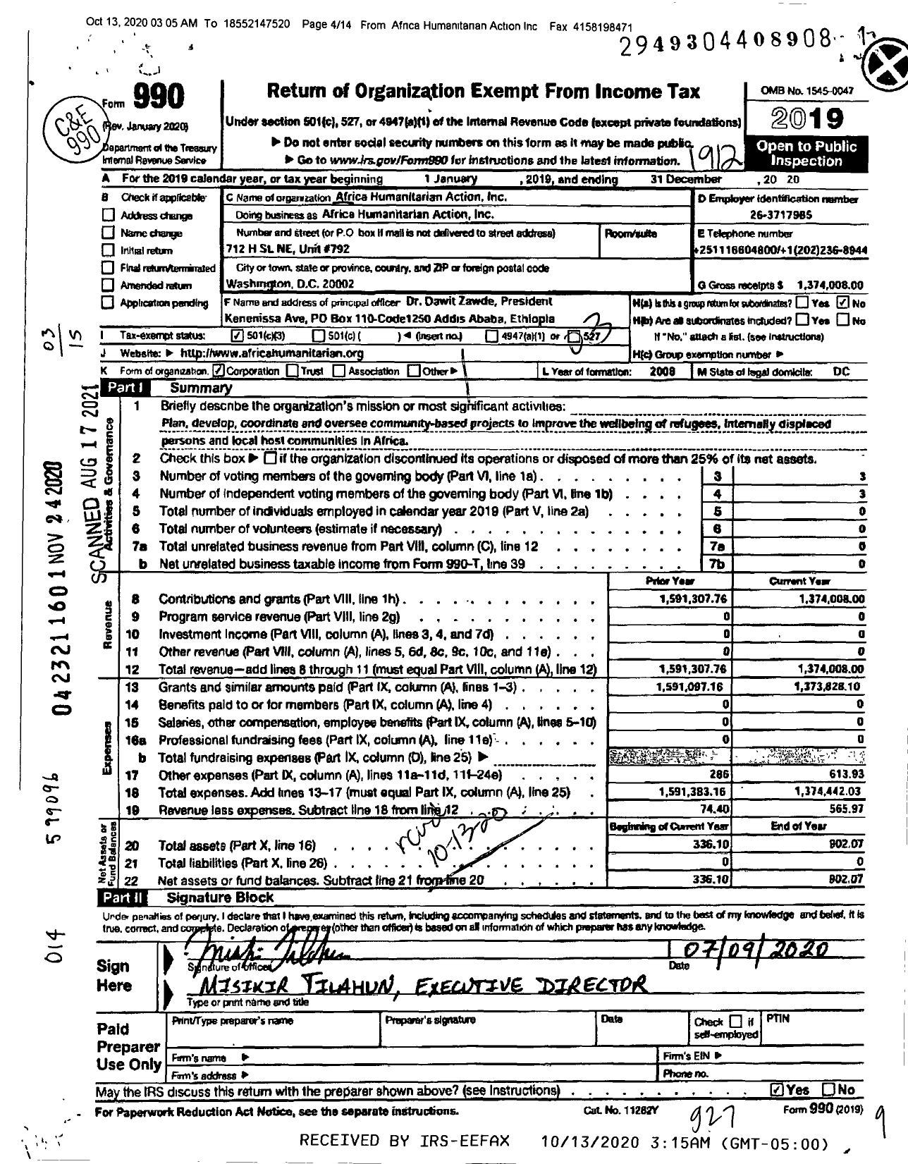 Image of first page of 2019 Form 990 for Africa Humanitarian Action