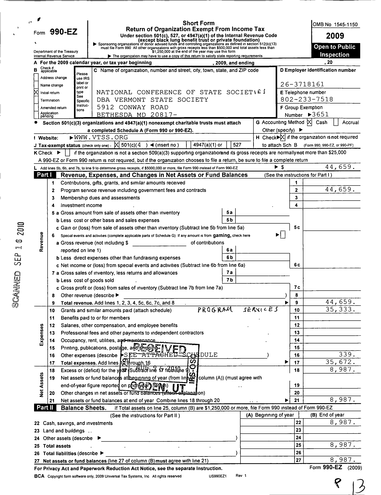 Image of first page of 2009 Form 990EO for National Conference of State Societies Washington District of C / Vermont State Society