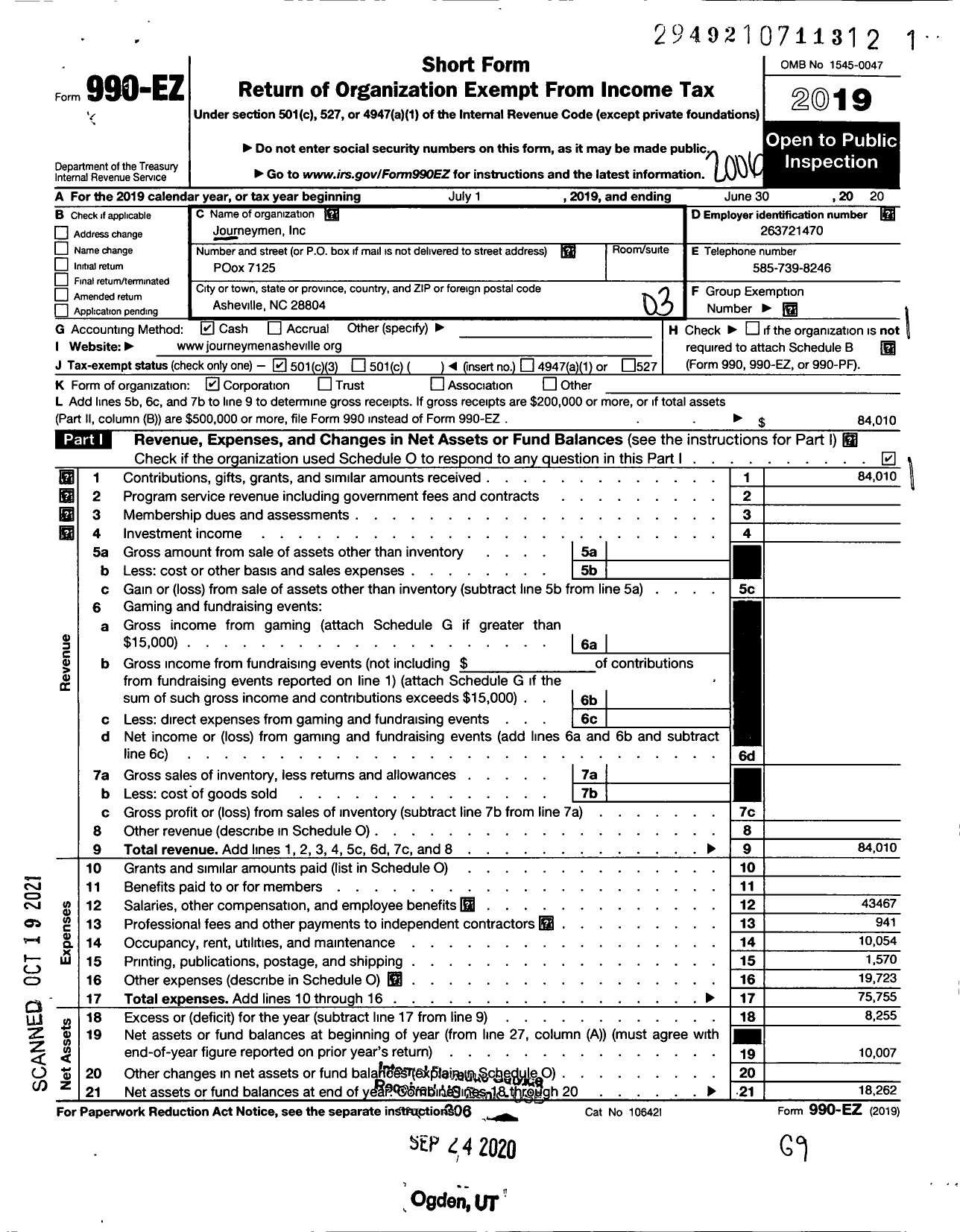 Image of first page of 2019 Form 990EZ for Journeymen