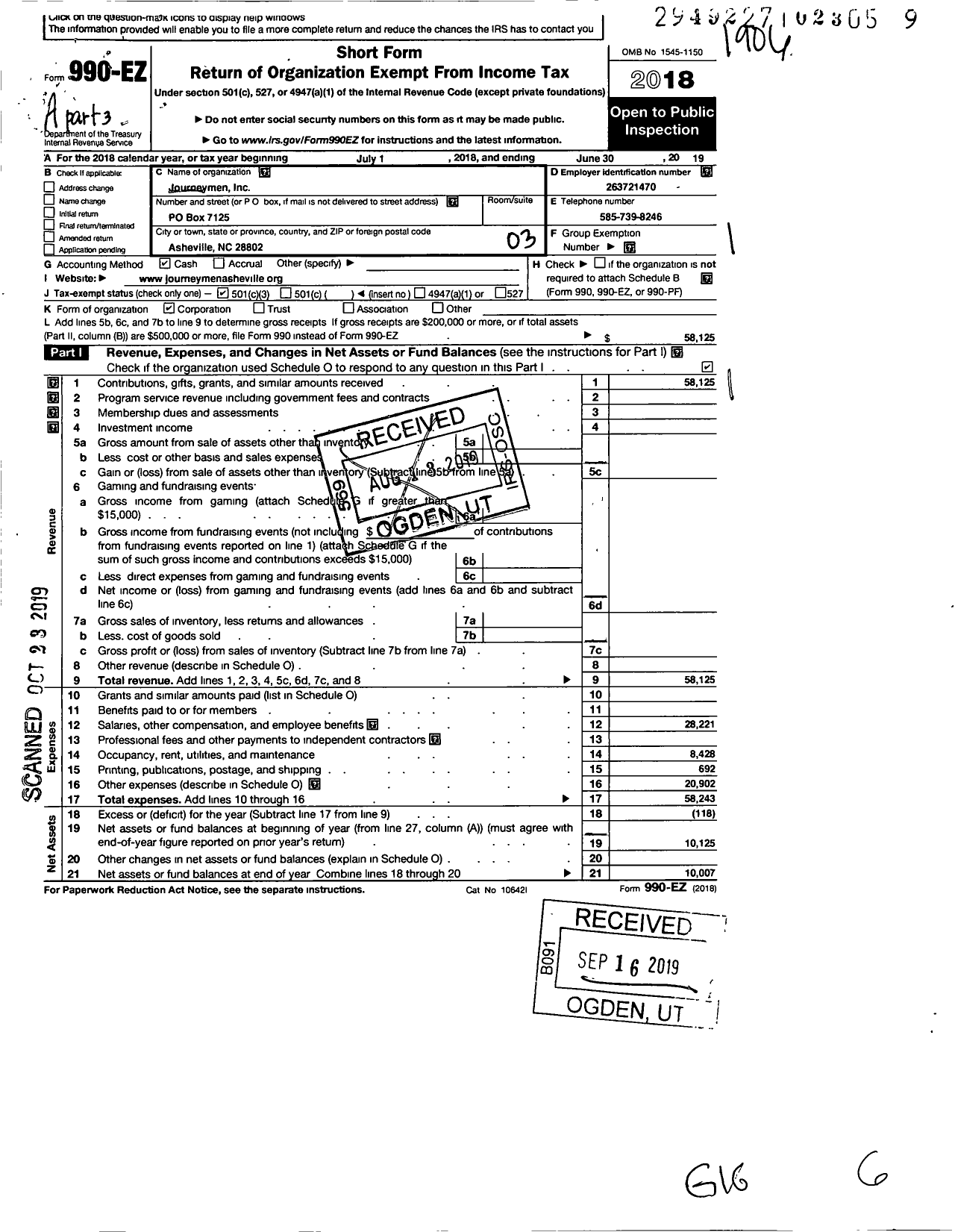 Image of first page of 2018 Form 990EZ for Journeymen