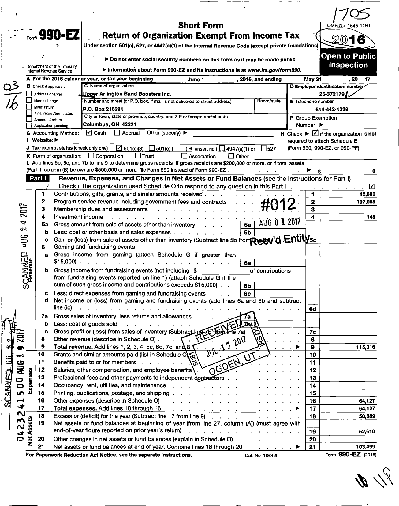 Image of first page of 2016 Form 990EZ for Upper Arlington Band Boosters