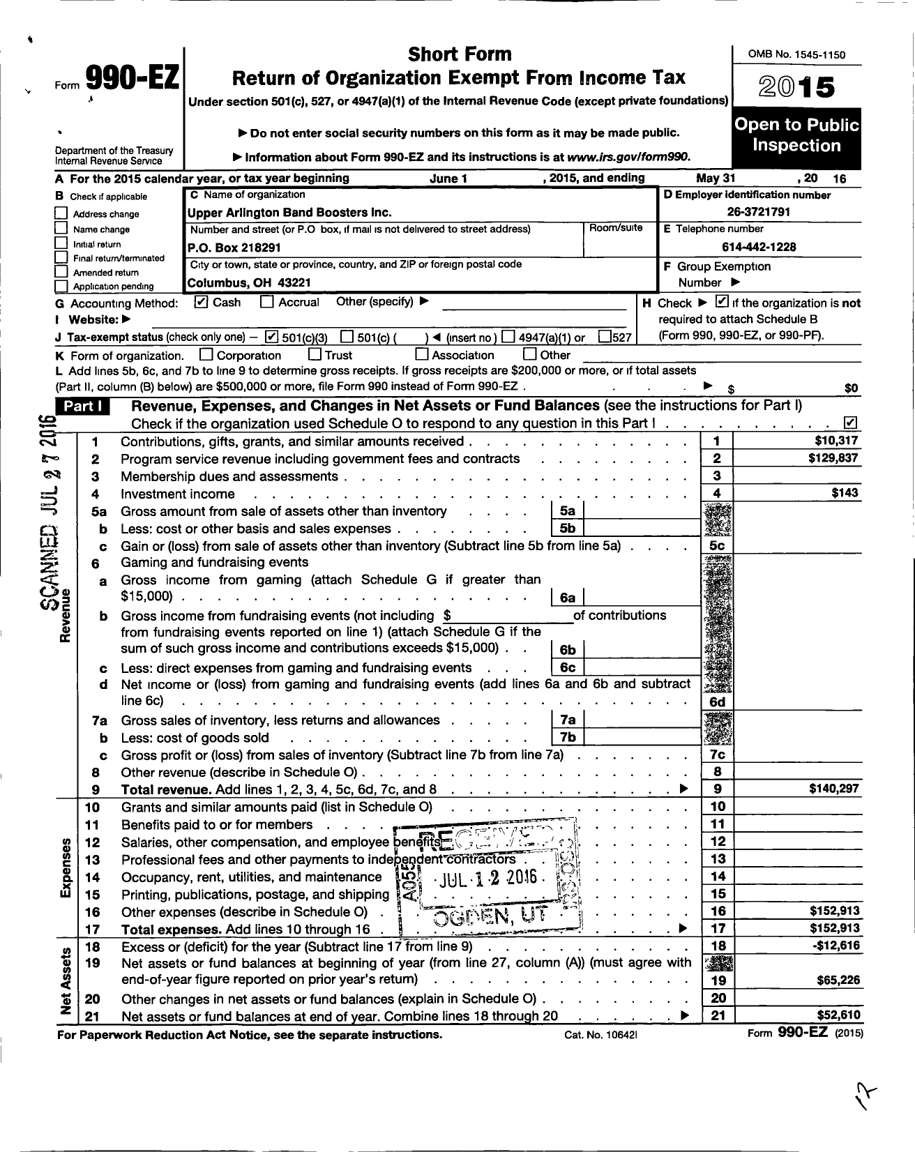 Image of first page of 2015 Form 990EZ for Upper Arlington Band Boosters