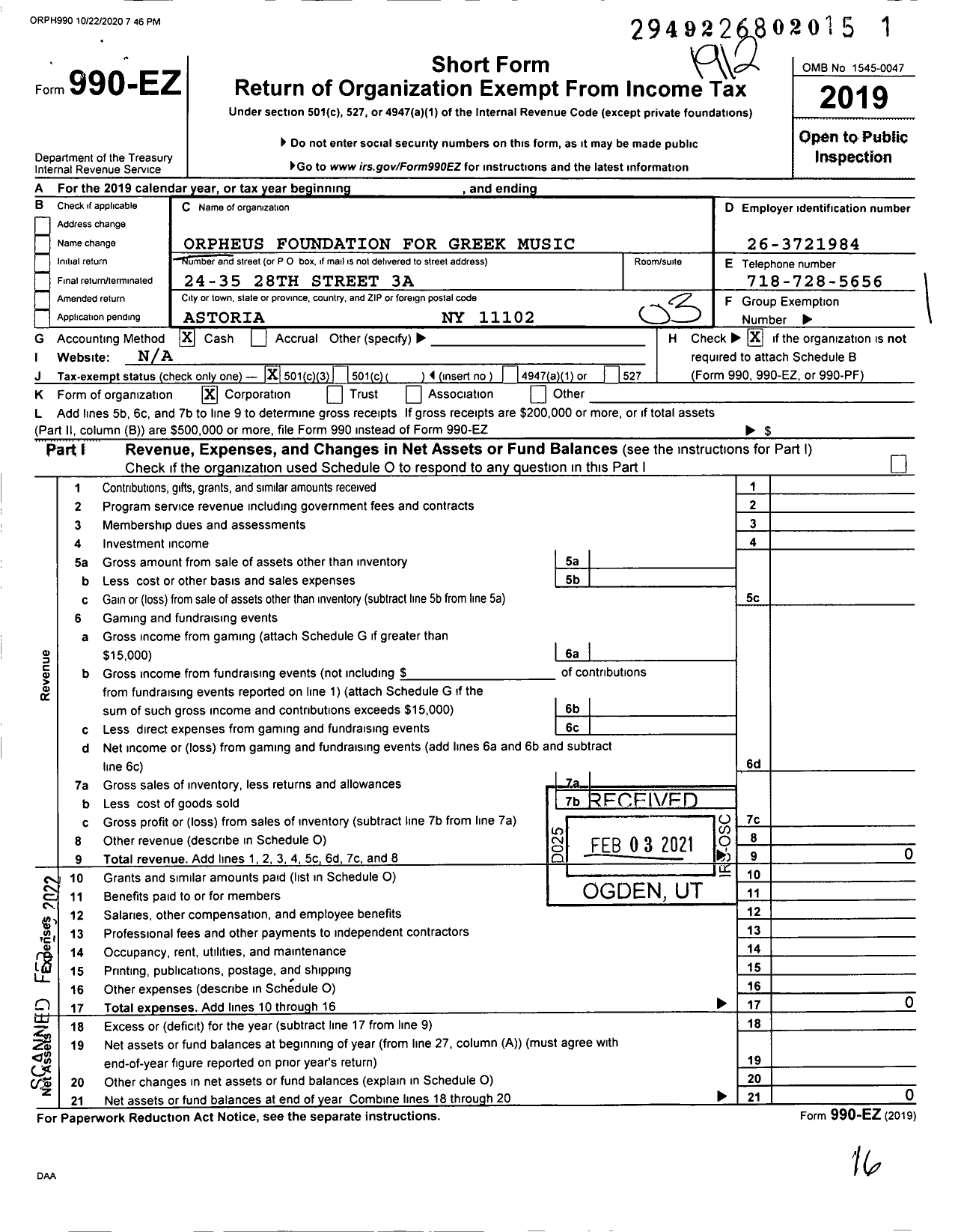 Image of first page of 2019 Form 990EZ for Orpheus Foundation for Greek Music