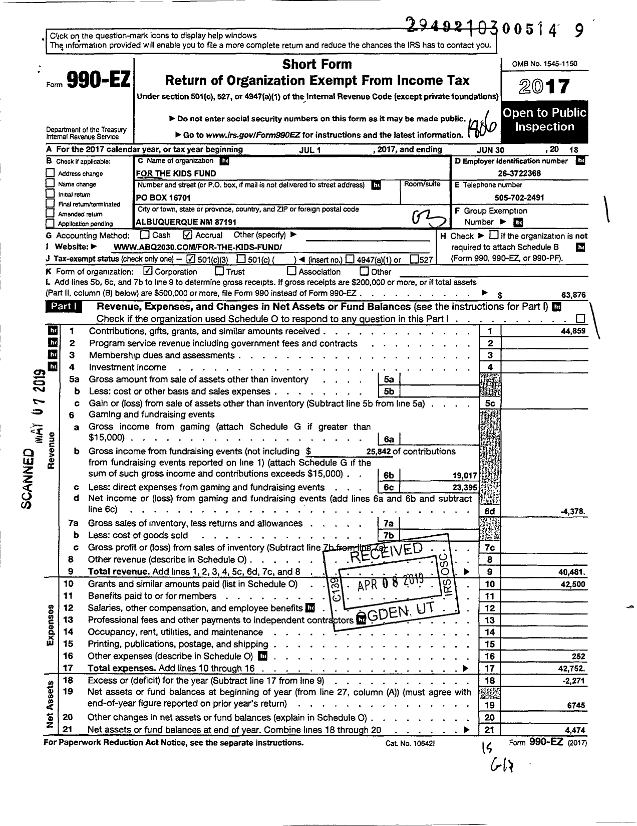 Image of first page of 2017 Form 990EZ for For the Kids Fund