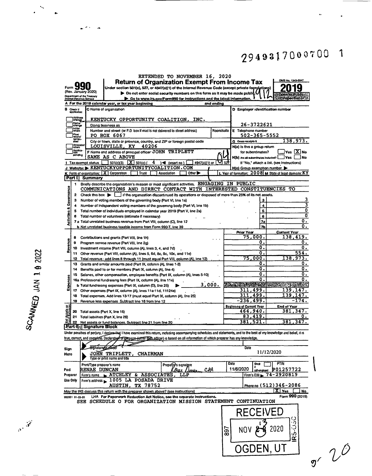 Image of first page of 2019 Form 990O for Kentucky Opportunity Coalition