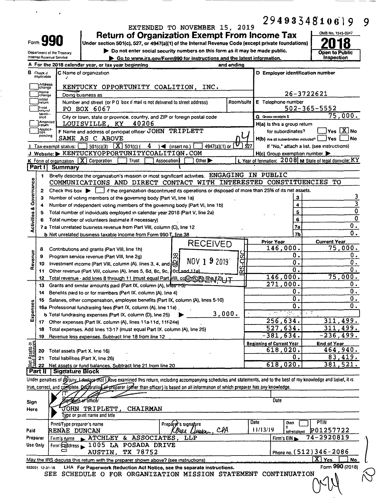 Image of first page of 2018 Form 990O for Kentucky Opportunity Coalition