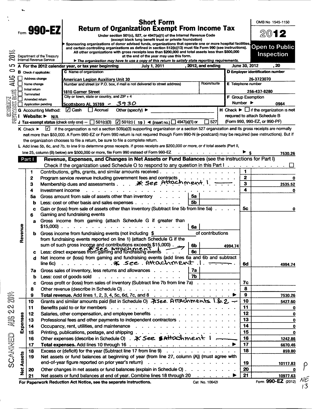 Image of first page of 2011 Form 990EO for American Legion Auxiliary - 0030 Jackson County