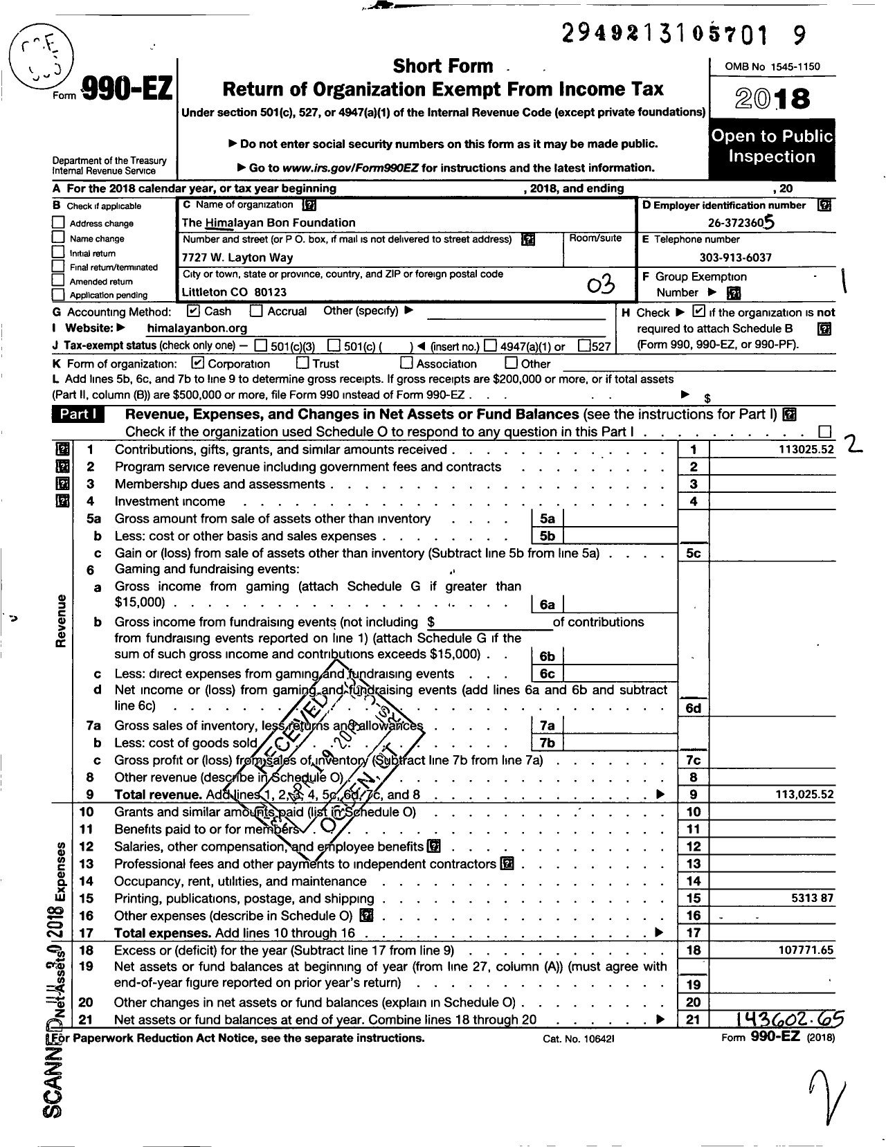 Image of first page of 2018 Form 990EZ for Himalayan Bon Foundation