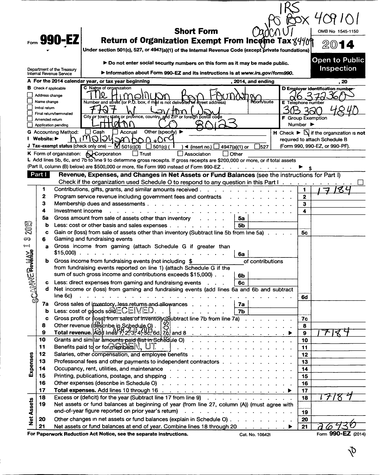 Image of first page of 2014 Form 990EZ for Himalayan Bon Foundation