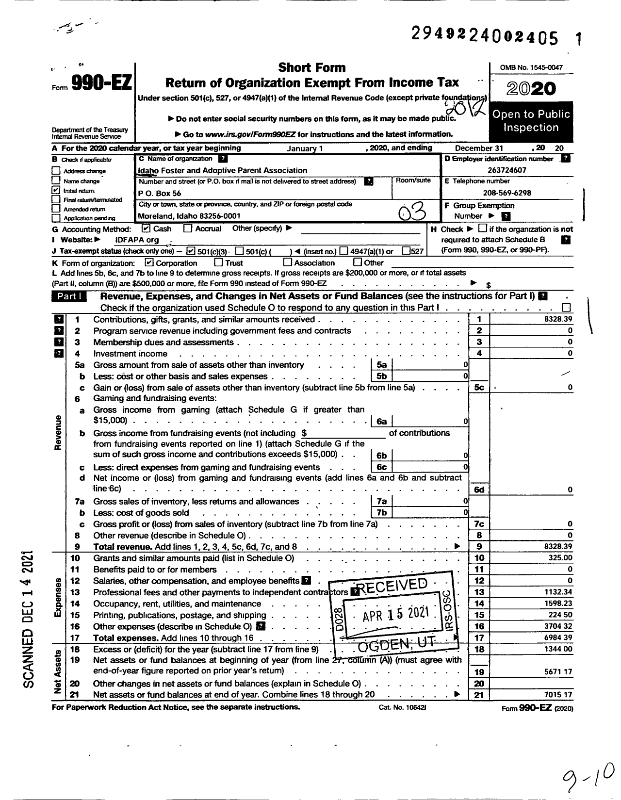 Image of first page of 2020 Form 990EZ for Idaho Foster and Adoptive Parent Association