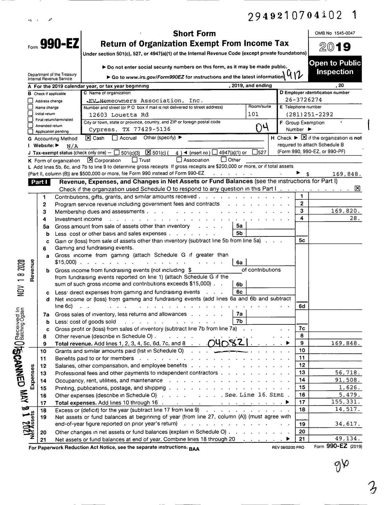 Image of first page of 2019 Form 990EO for Ev Homeowners Association