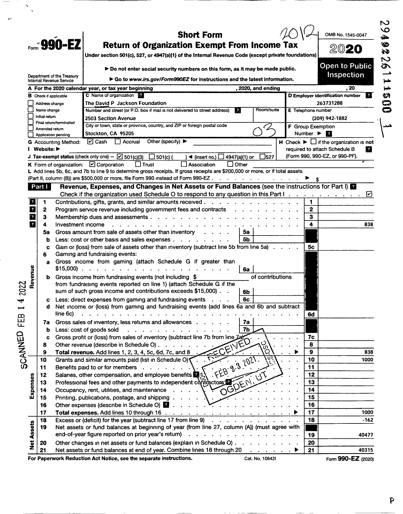 Image of first page of 2020 Form 990EZ for The David P Jackson Memorial Foundation