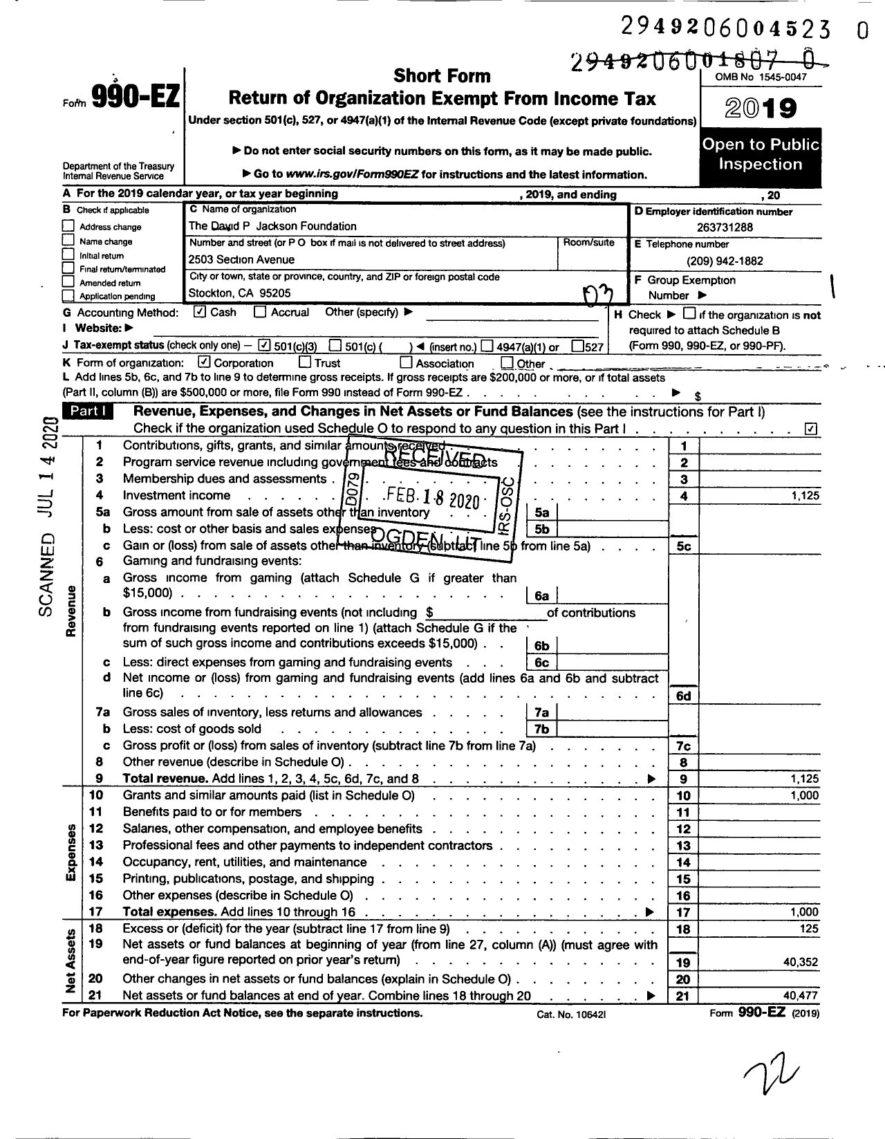 Image of first page of 2019 Form 990EZ for The David P Jackson Memorial Foundation