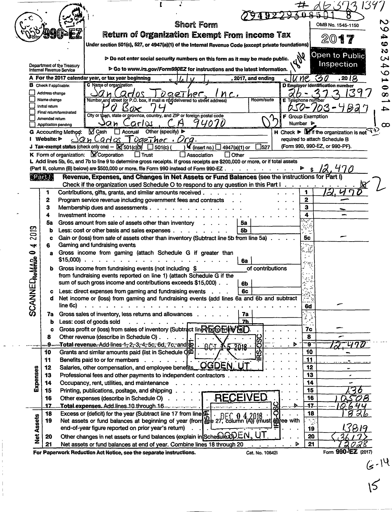 Image of first page of 2017 Form 990EZ for San Carlos Together