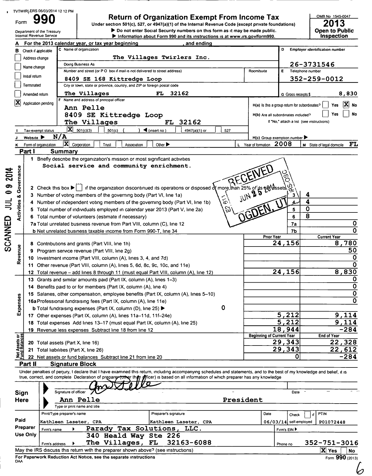 Image of first page of 2013 Form 990 for The Villages Twirlers