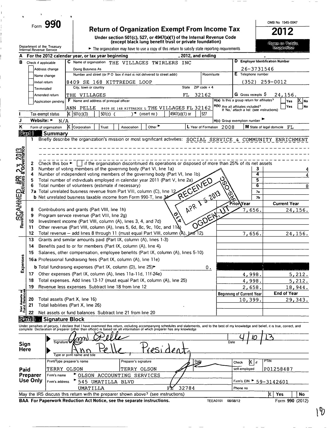 Image of first page of 2012 Form 990 for The Villages Twirlers