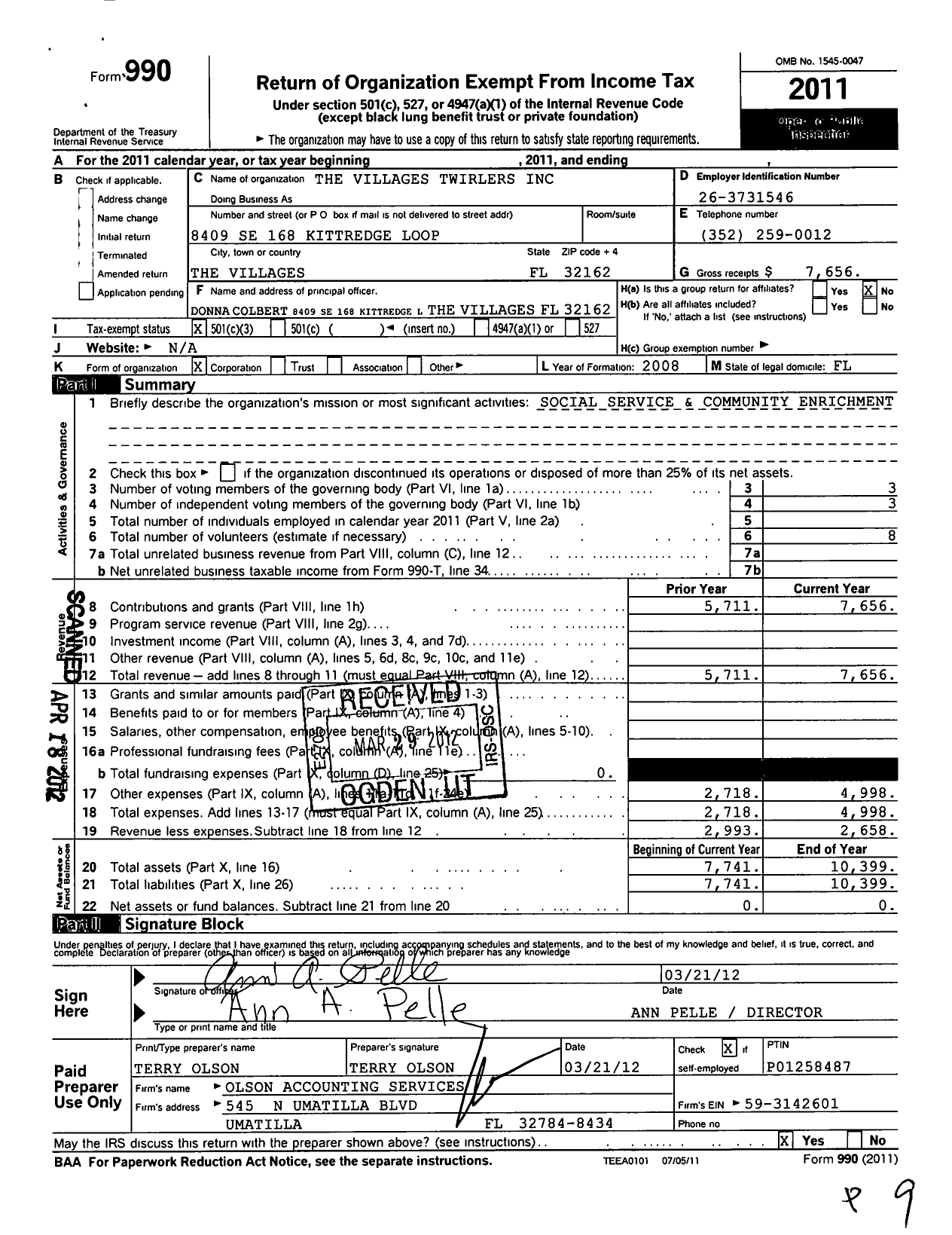 Image of first page of 2011 Form 990 for The Villages Twirlers