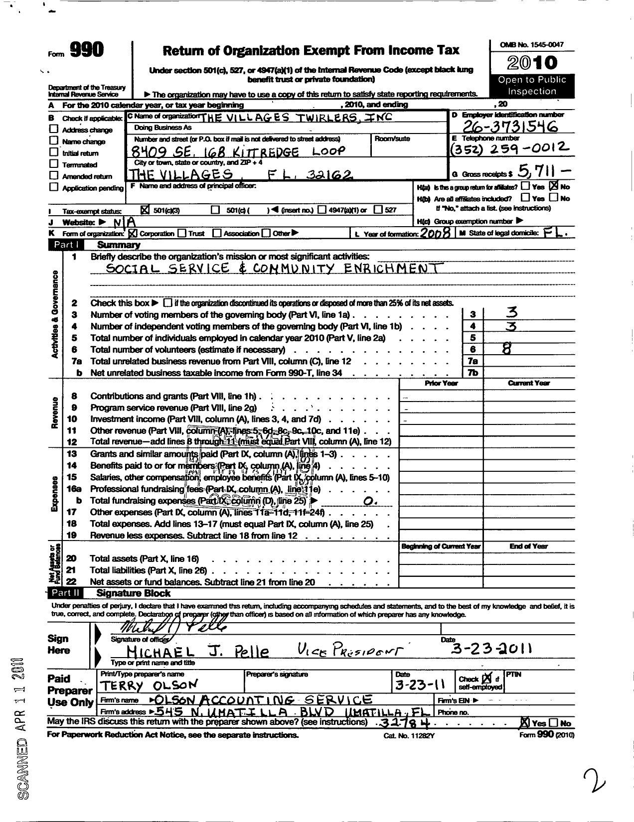 Image of first page of 2010 Form 990 for The Villages Twirlers