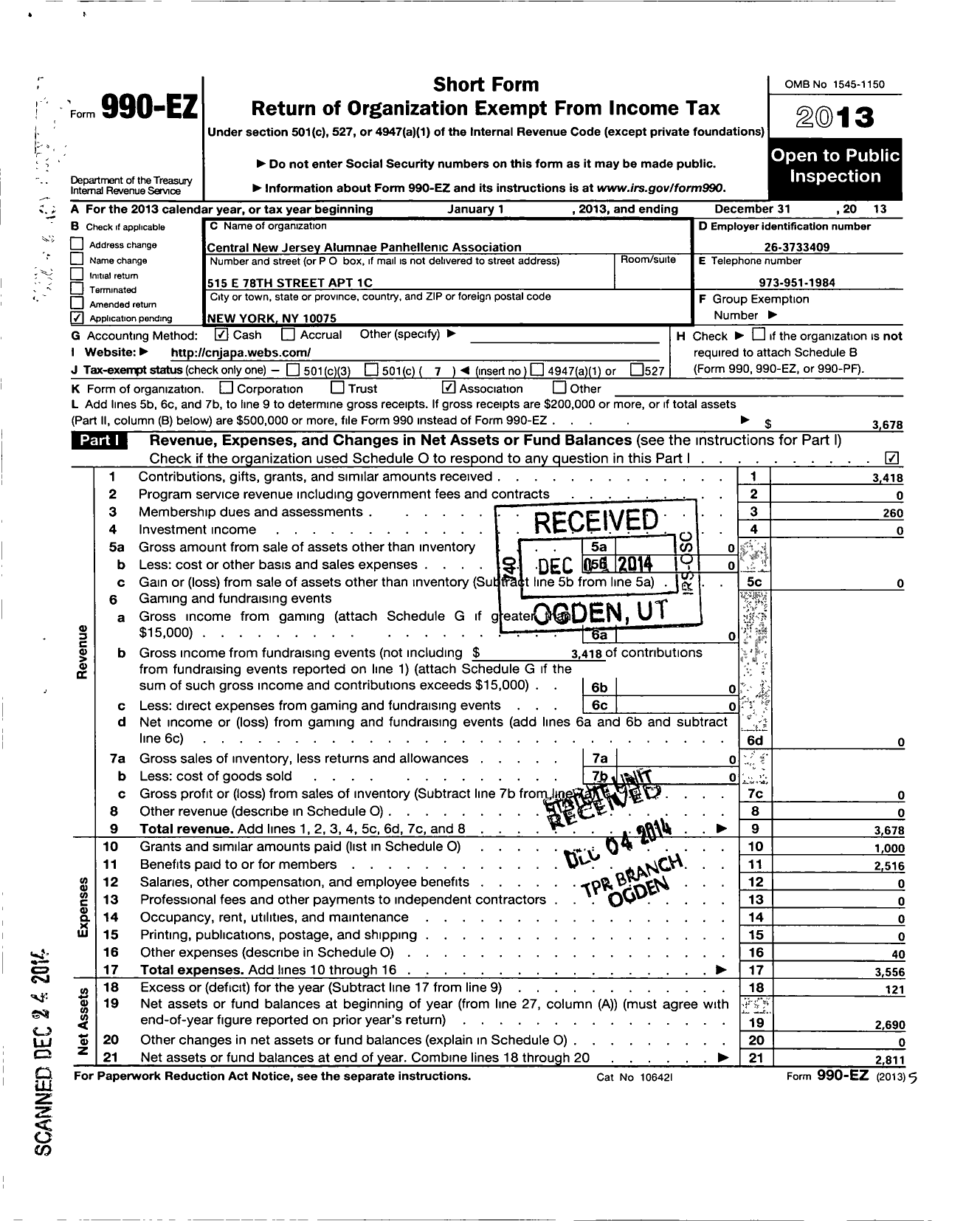 Image of first page of 2013 Form 990EO for Central New Jersey Alumnae Panhellenic Association