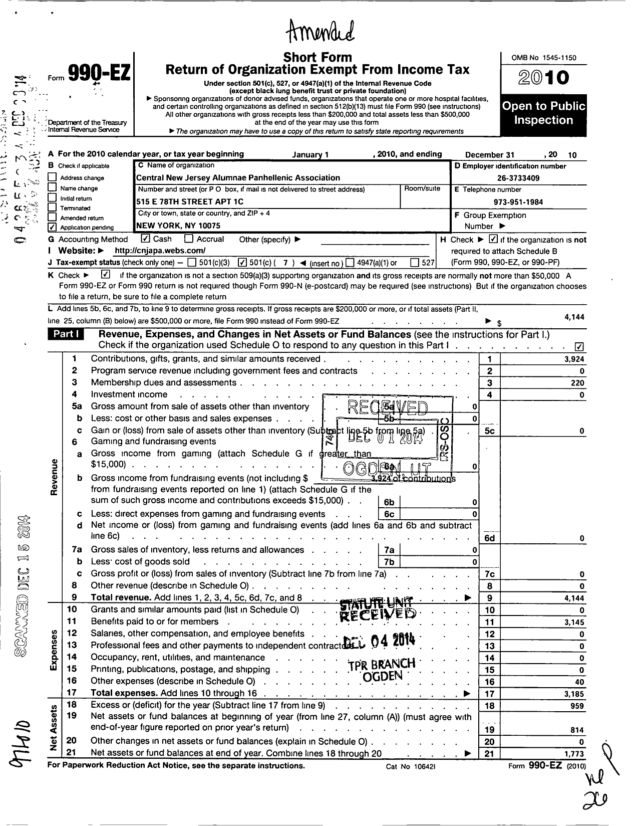 Image of first page of 2010 Form 990EO for Central New Jersey Alumnae Panhellenic Association