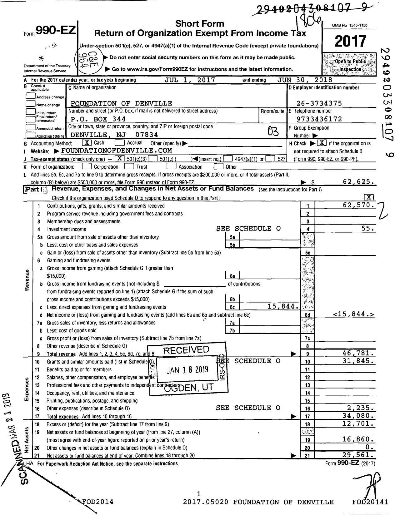 Image of first page of 2017 Form 990EZ for Foundation of Denville