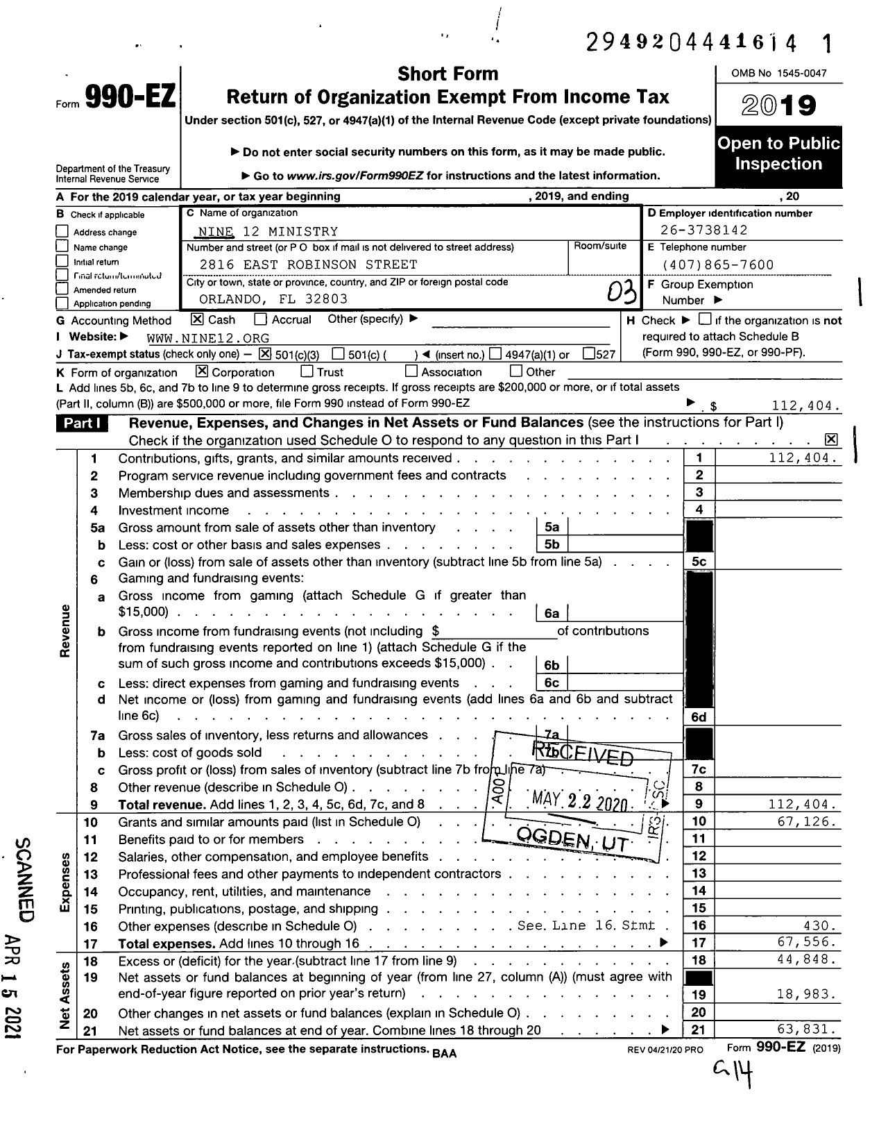 Image of first page of 2019 Form 990EZ for Nine 12 Ministry