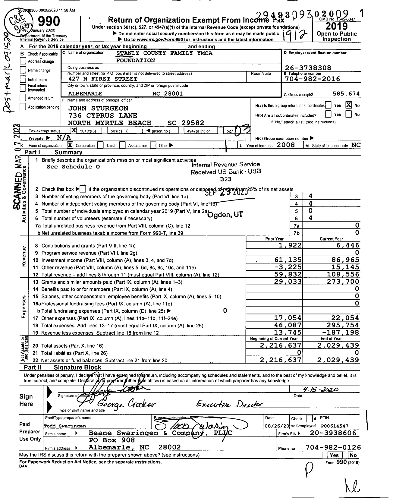 Image of first page of 2019 Form 990 for Stanly County Family Ymca Foundation