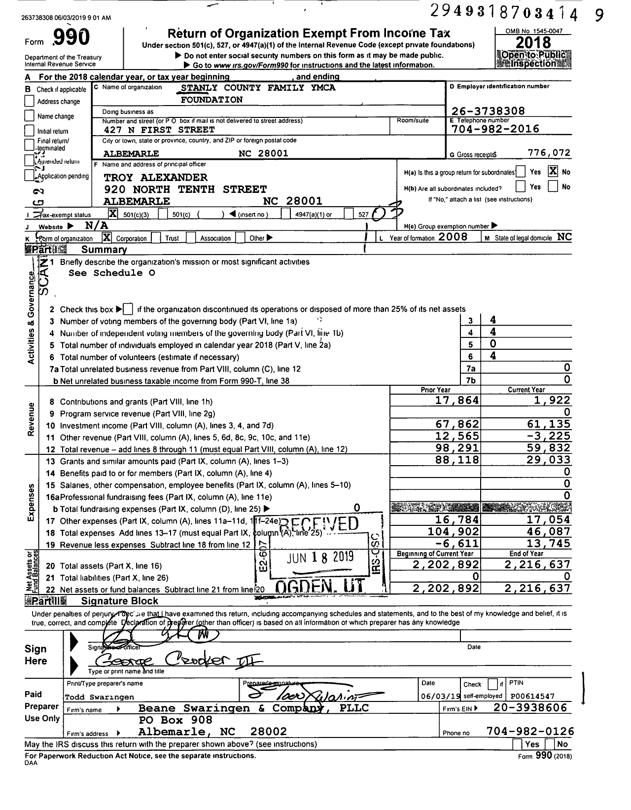 Image of first page of 2018 Form 990 for Stanly County Family Ymca Foundation