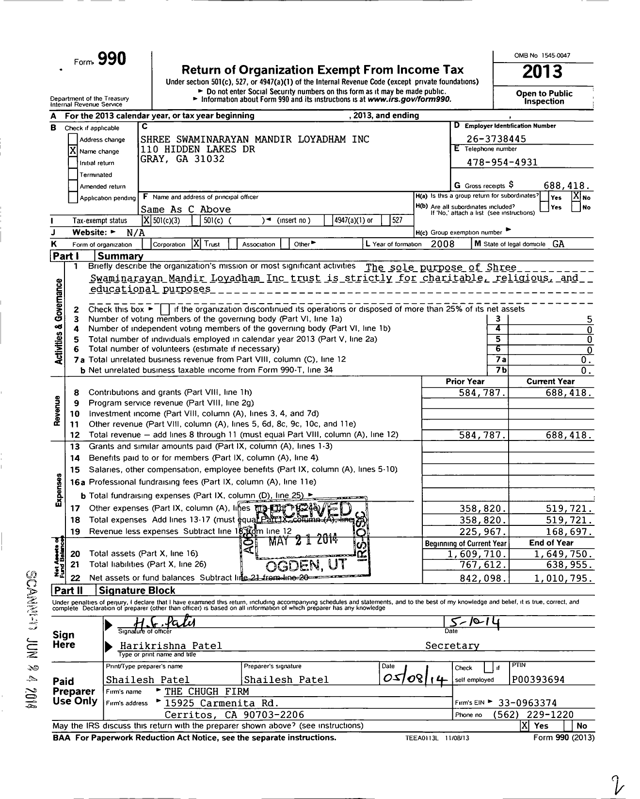 Image of first page of 2013 Form 990 for Shree Swaminarayan Mandir Loyadham