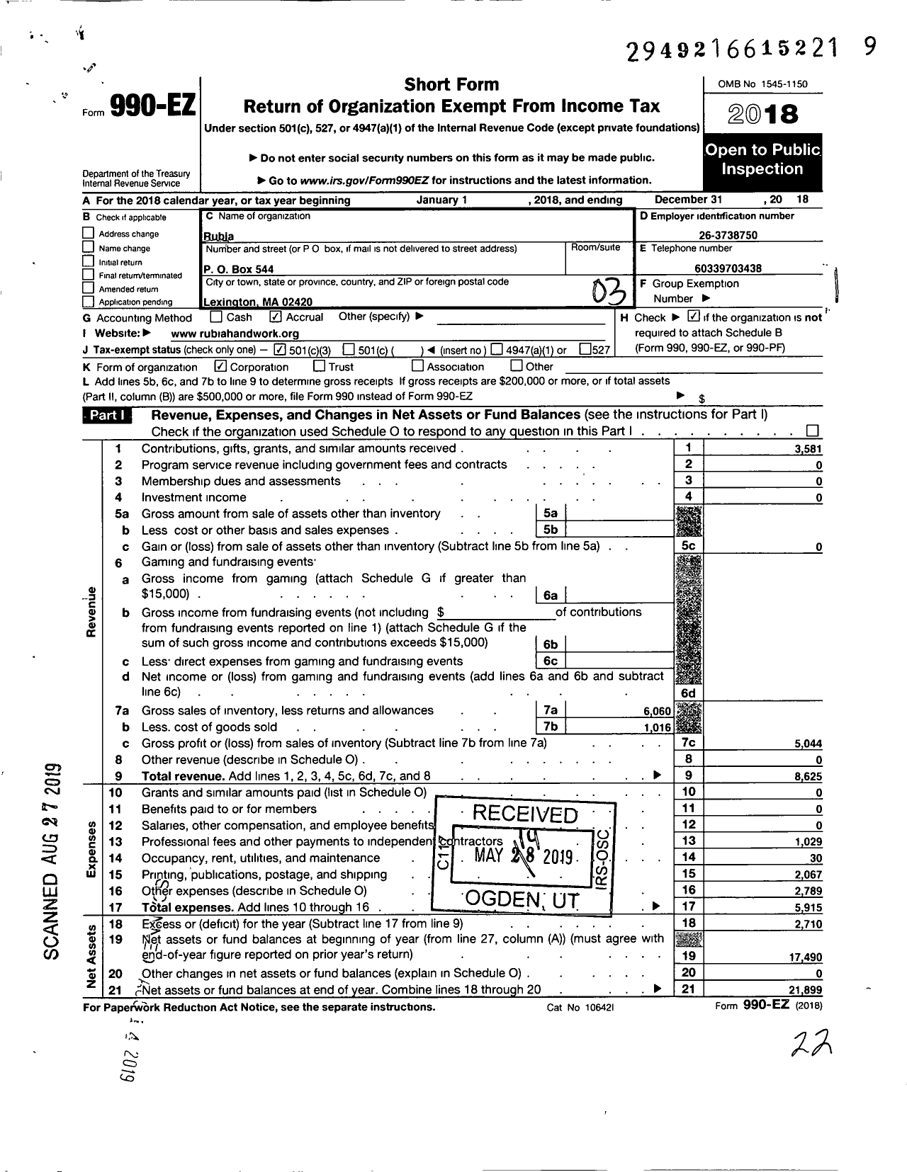 Image of first page of 2018 Form 990EZ for Rubia