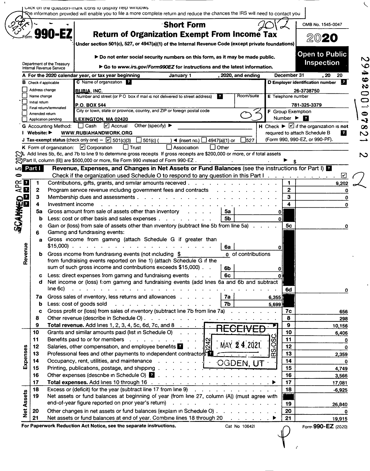 Image of first page of 2020 Form 990EZ for Rubia