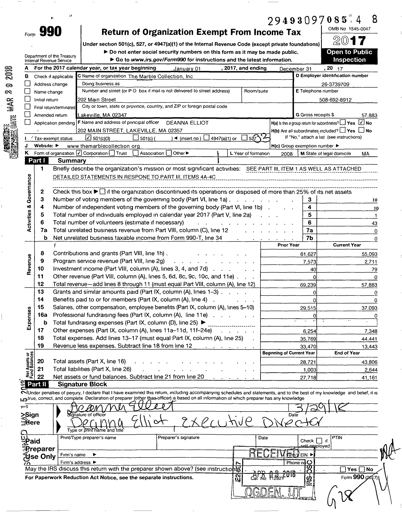 Image of first page of 2017 Form 990 for The Marble Collection