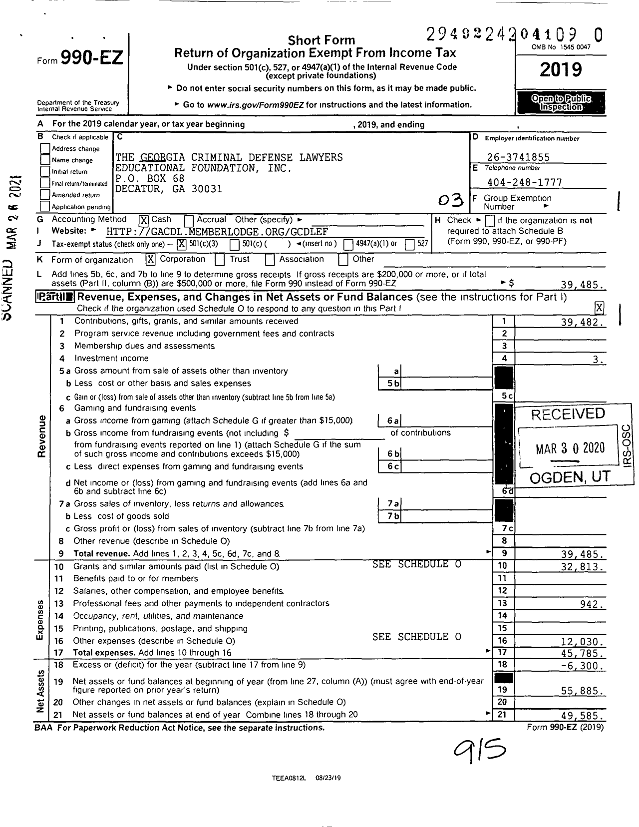 Image of first page of 2019 Form 990EZ for The Georgia Criminal Defense Lawyers Educational Foundation