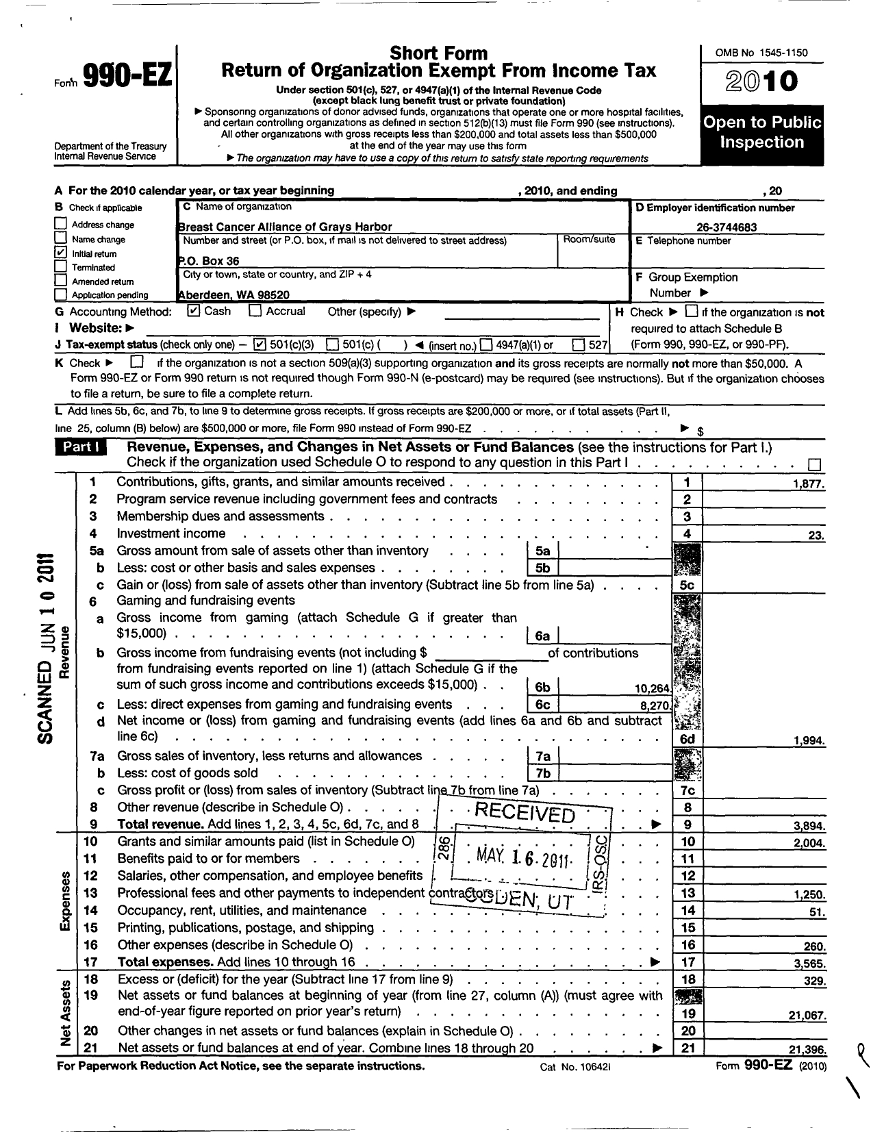 Image of first page of 2010 Form 990EZ for The Cancer Alliance of Grays Harbor