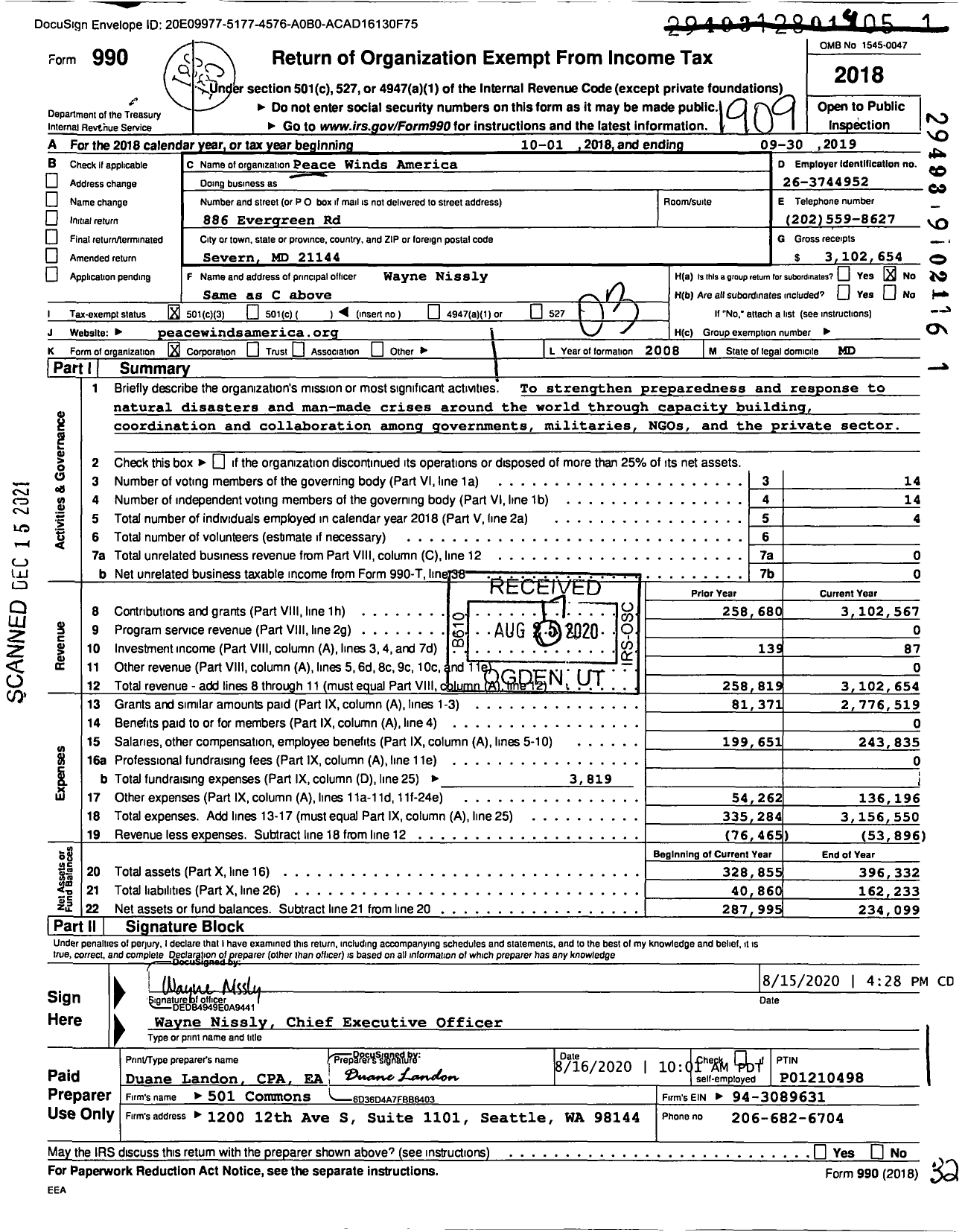 Image of first page of 2018 Form 990 for Peace Winds America