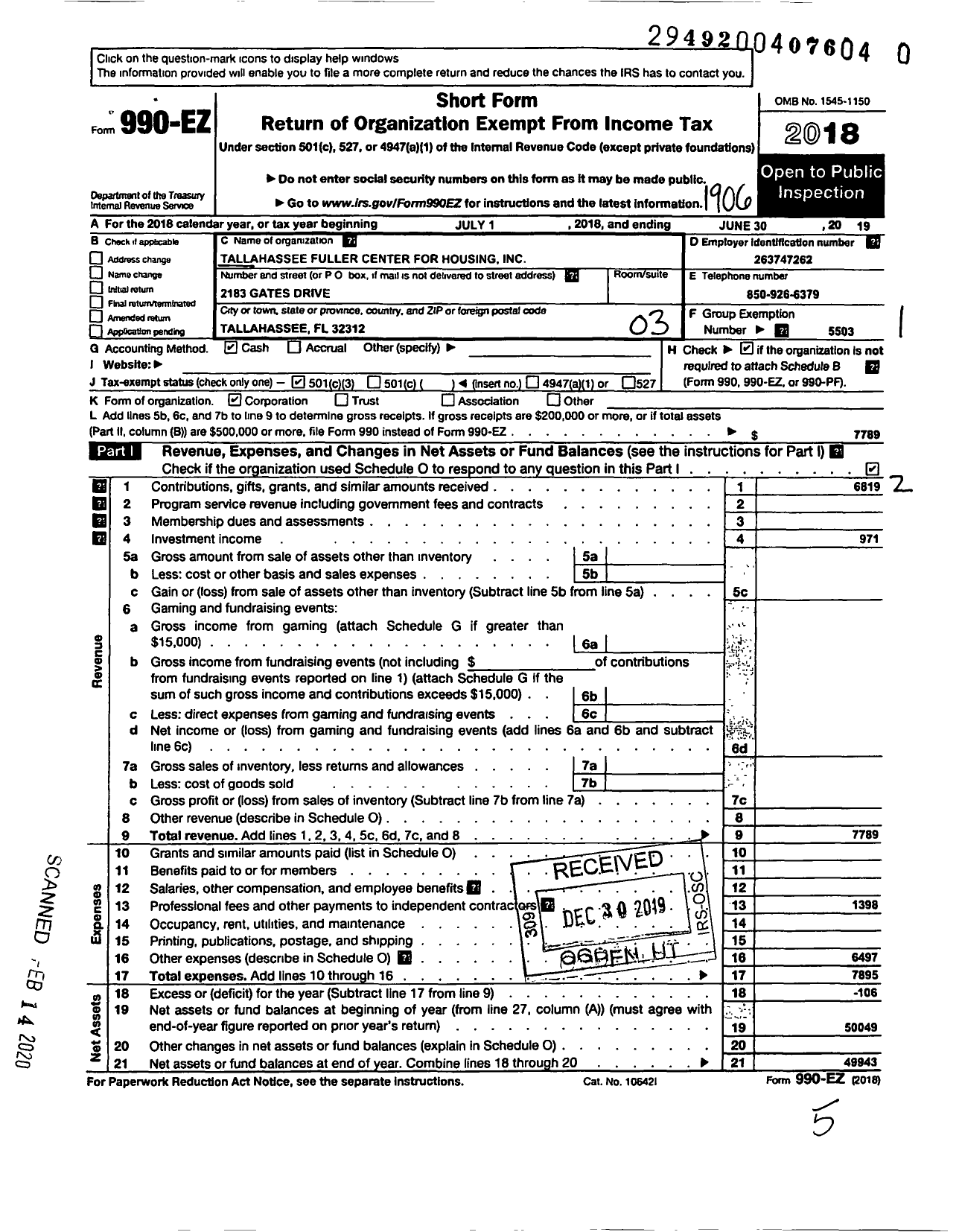 Image of first page of 2018 Form 990EZ for Fuller Center for Housing / Tallahassee FL FCH Inc