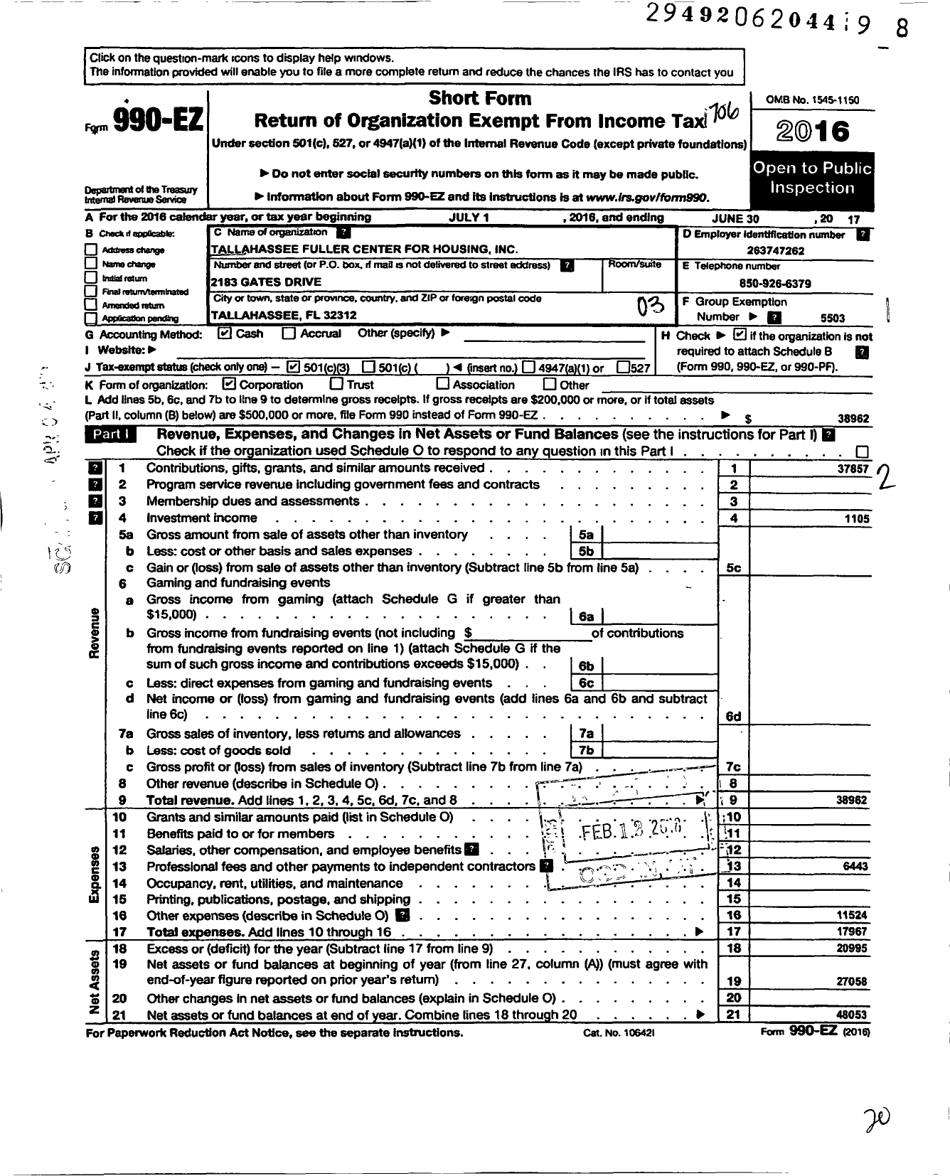 Image of first page of 2016 Form 990EZ for Fuller Center for Housing / Tallahassee FL FCH Inc