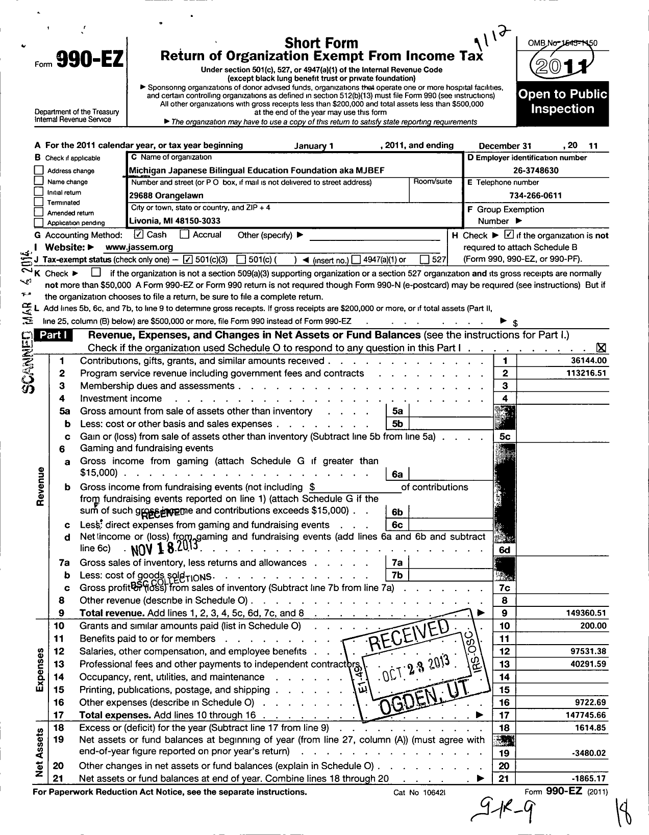 Image of first page of 2011 Form 990EZ for Michigan Japanese Bilingual Education Foundation (MJBEF)