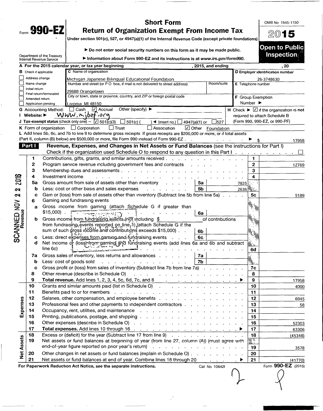 Image of first page of 2015 Form 990EZ for Michigan Japanese Bilingual Education Foundation (MJBEF)