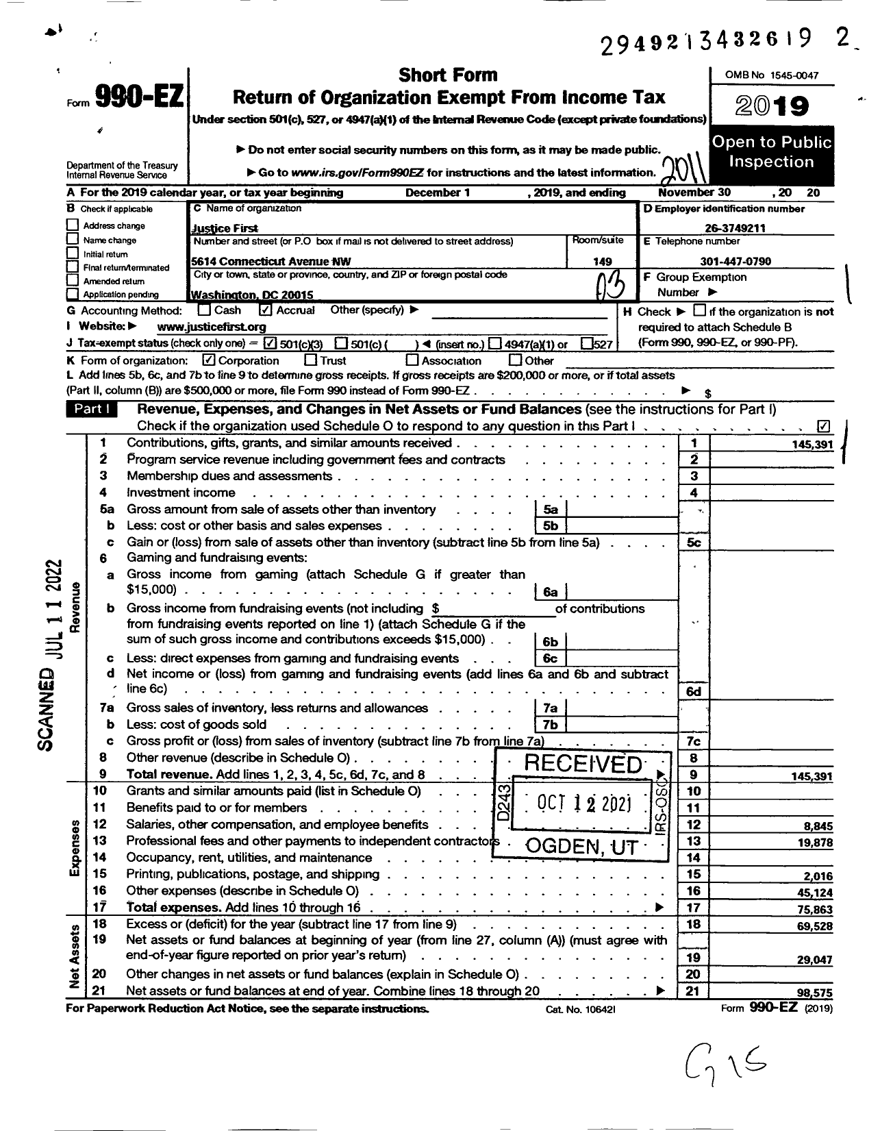 Image of first page of 2019 Form 990EZ for Justice First